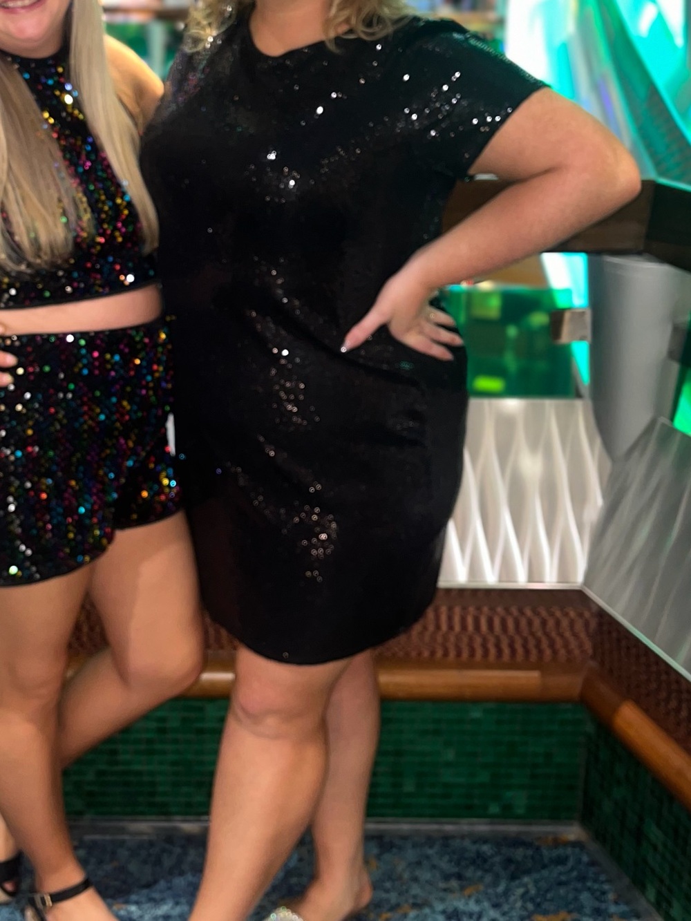 bebe Black Sequin Short Sleeve Dress